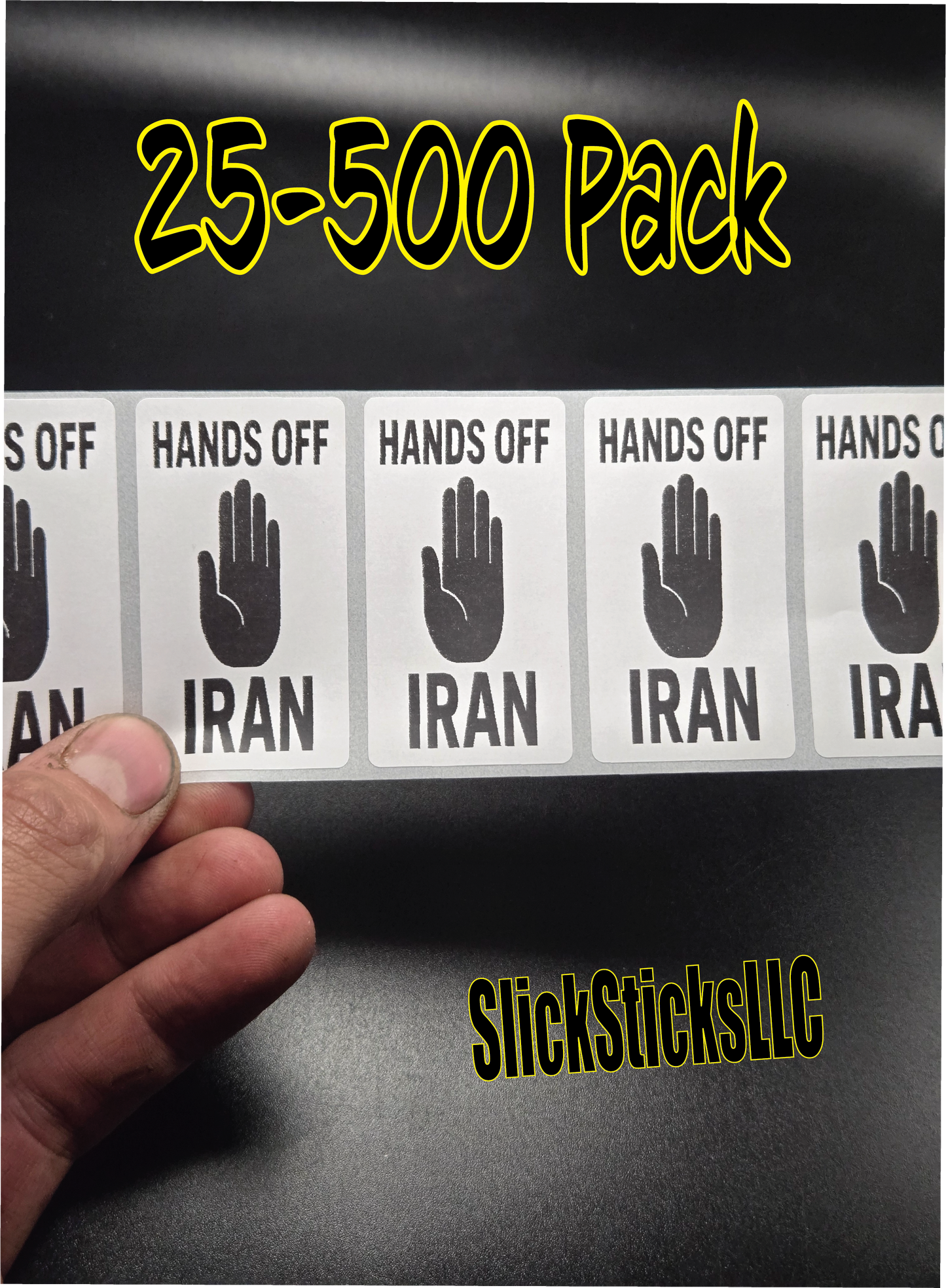 "HANDS OFF IRAN" 25-500 bulk pack stickers stop israeli stop no war peace