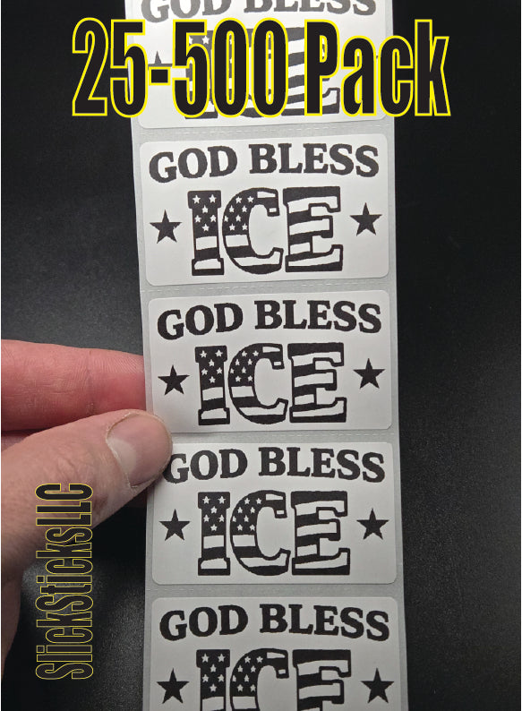 GOD BLESS ICE 25-500 bulk pack stickers decals label stand with support
