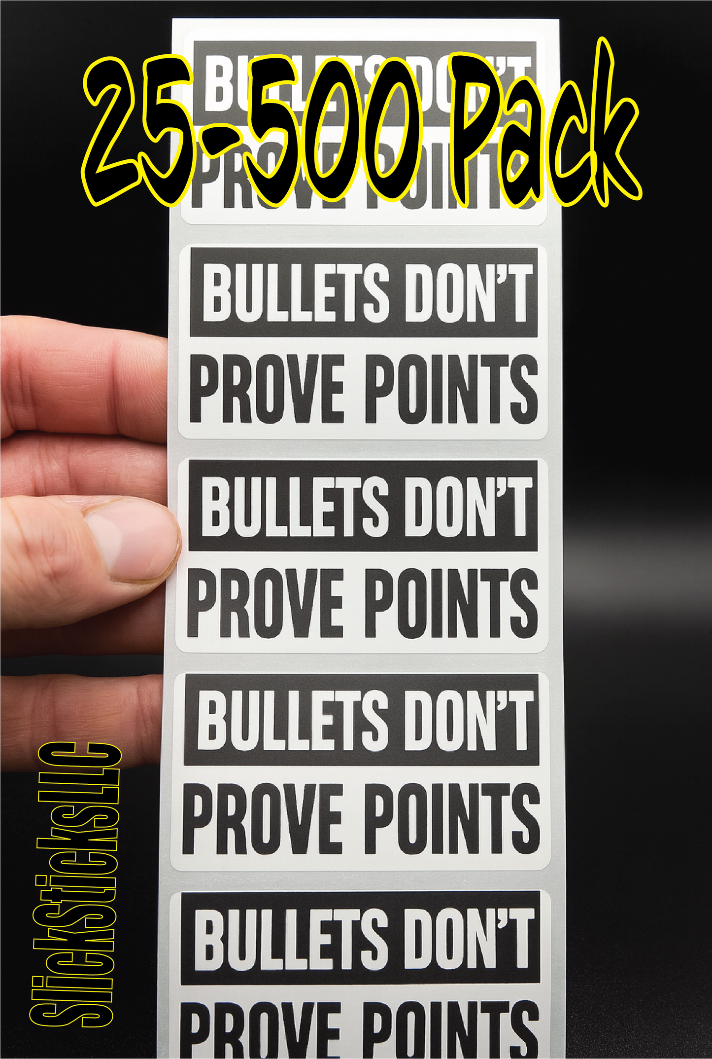 "BULLETS DON'T PROVE POINTS"  25-500 bulk pack stickers decal labels stop violence will not silence