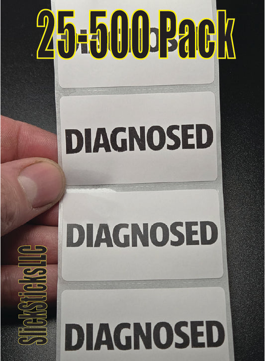 DIAGNOSED 25-500 pack packaging warning labels decals inventory stickers
