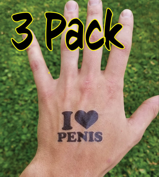 3 PACK I LOVE PENIS temporary tattoo dong willy dick weiner willy cock sticker gay pride bisexual lbgt bachelorette party