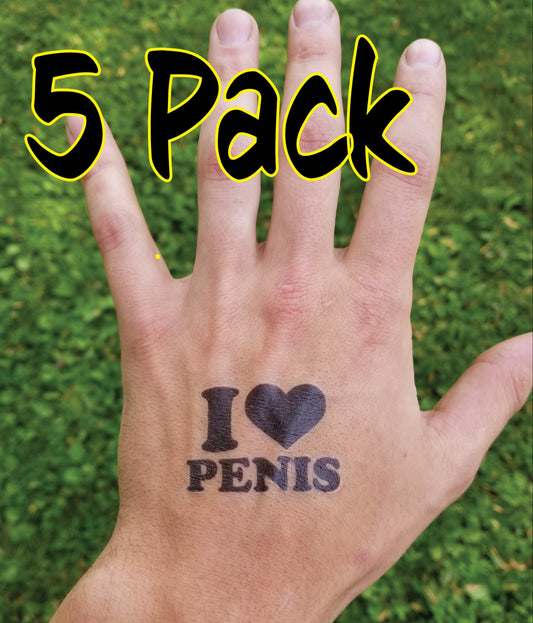 5 PACK I LOVE PENIS temporary tattoo dong willy dick weiner willy cock sticker bachelorette party favor