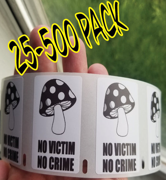 Mushrooms NO VICIM No CRIME 25-500 Pack Pro Mushroom Stickers Gag Prank shrooms