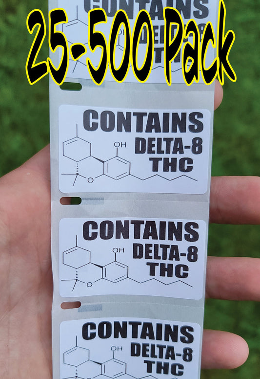 CONTAINS DELTA 8 25-500 Pack stickers bulk decals labels thc hemp flower oil farm bill medical